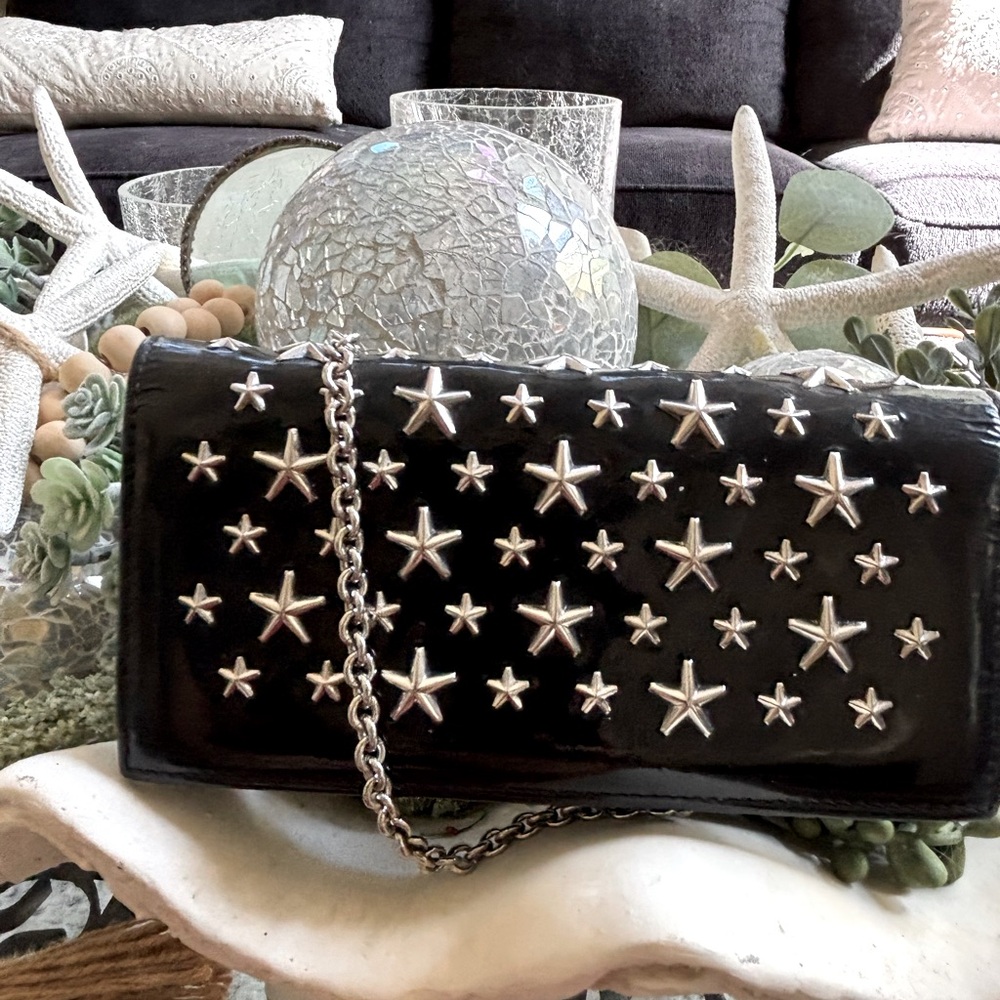 🔥Black Jimmy Choo patent leather Starry  Clutch long wallet w  silver chain